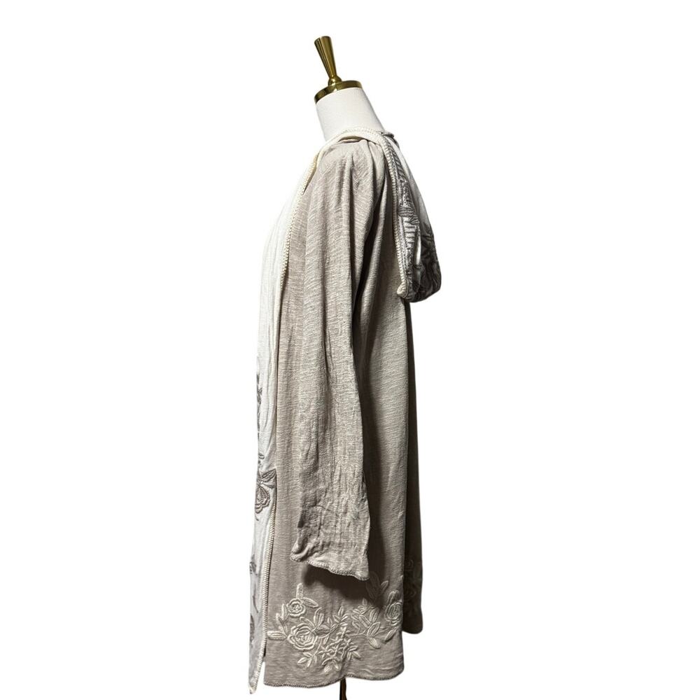 Johnny Was Biya Open Hooded Cardigan Duster Taupe Ivory Embroidered Size L - Picture 3 of 6